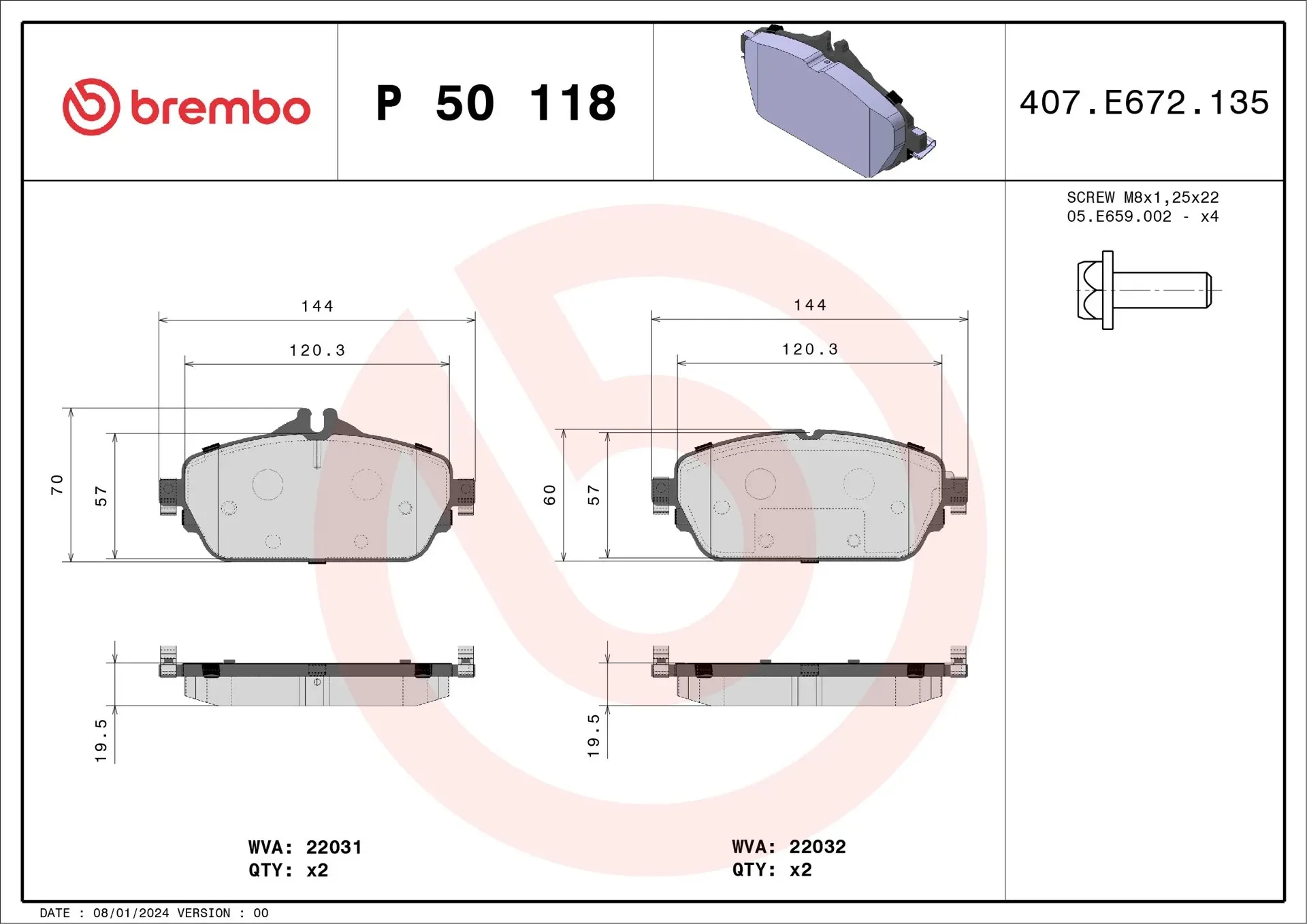 Brembo P 50 118 bromsbeläggssats fram, måttskiss