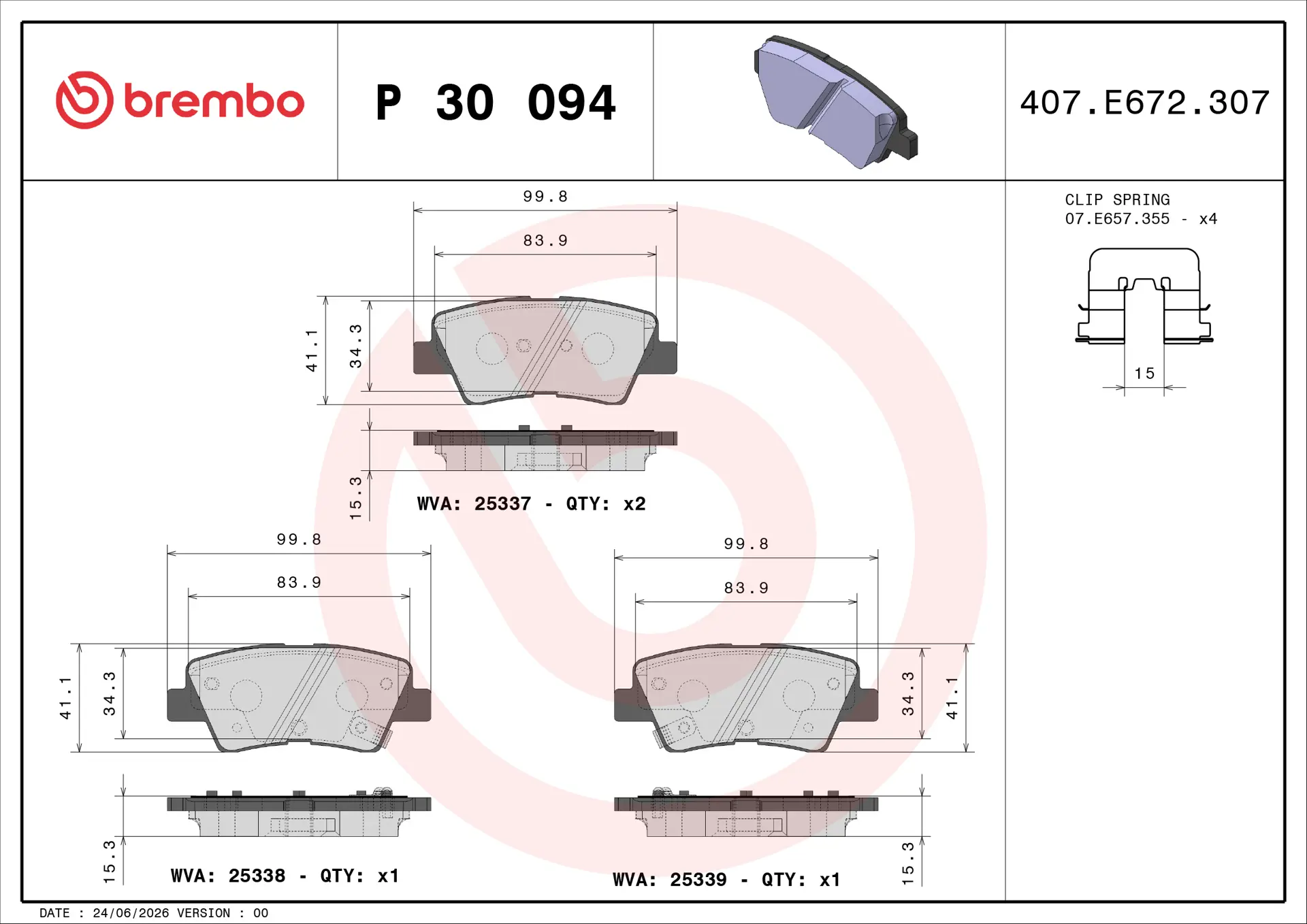 Brembo P 30 094 rear brake pad set, dimension drawing