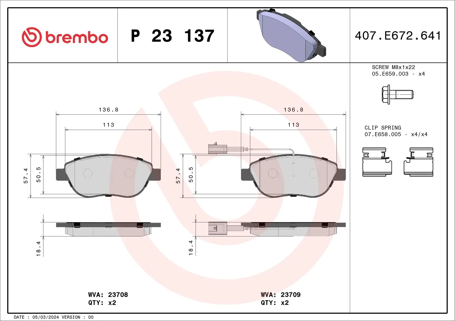 Brembo P 23 137 front brake pad set, dimension drawing