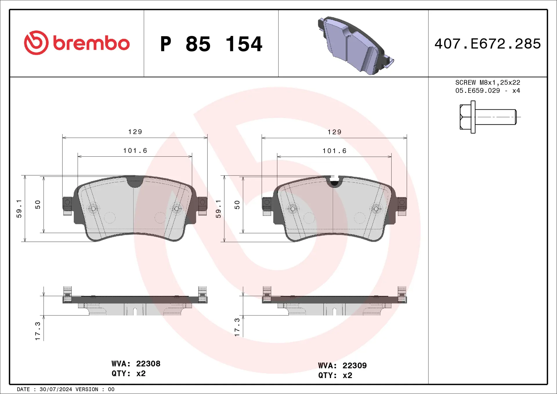 Brembo P 85 154 rear brake pad set, dimension drawing