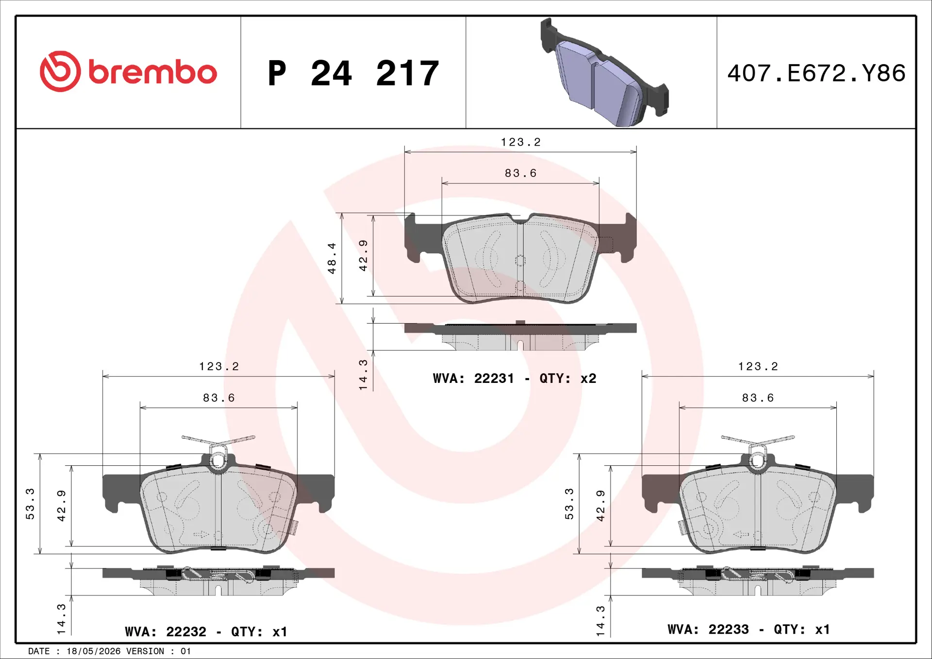 Brembo P 24 217 rear brake pad set, dimension drawing