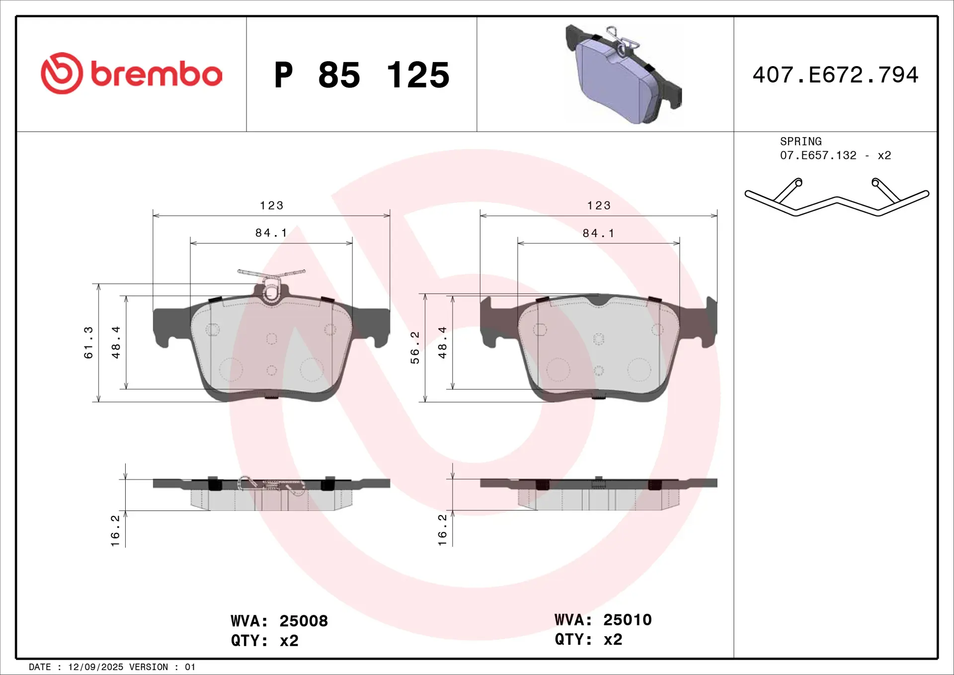 Brembo P 85 125 rear brake pad set, dimension drawing