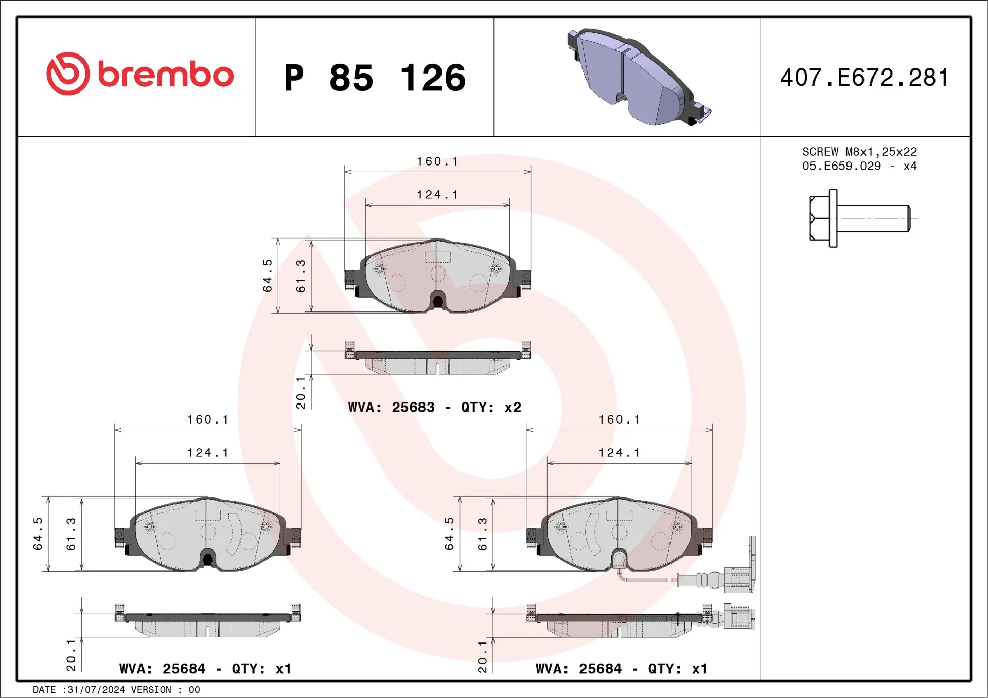 Brembo P 85 126 front brake pad set, dimension drawing