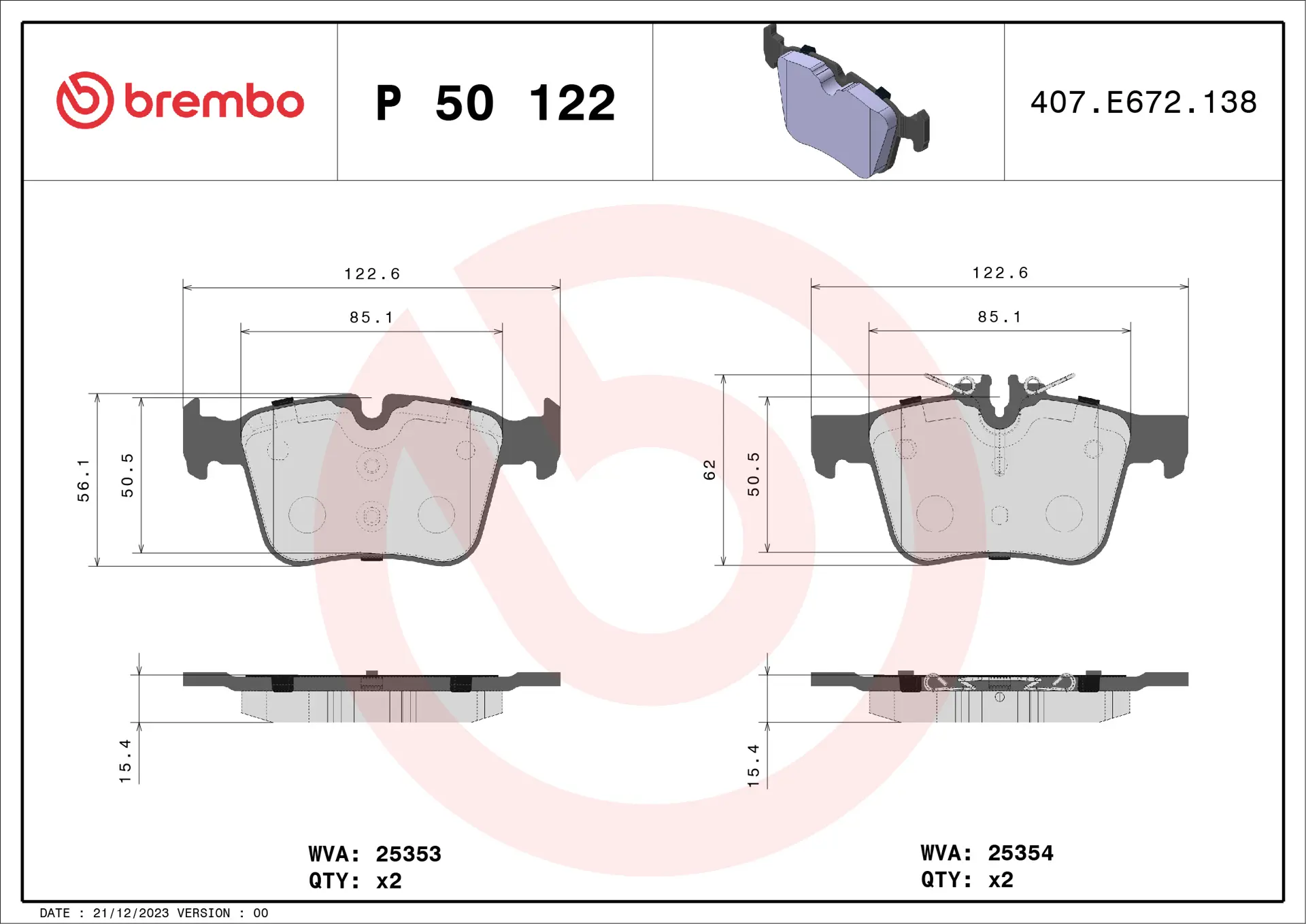 Brembo P 50 122 rear brake pad set, dimension drawing