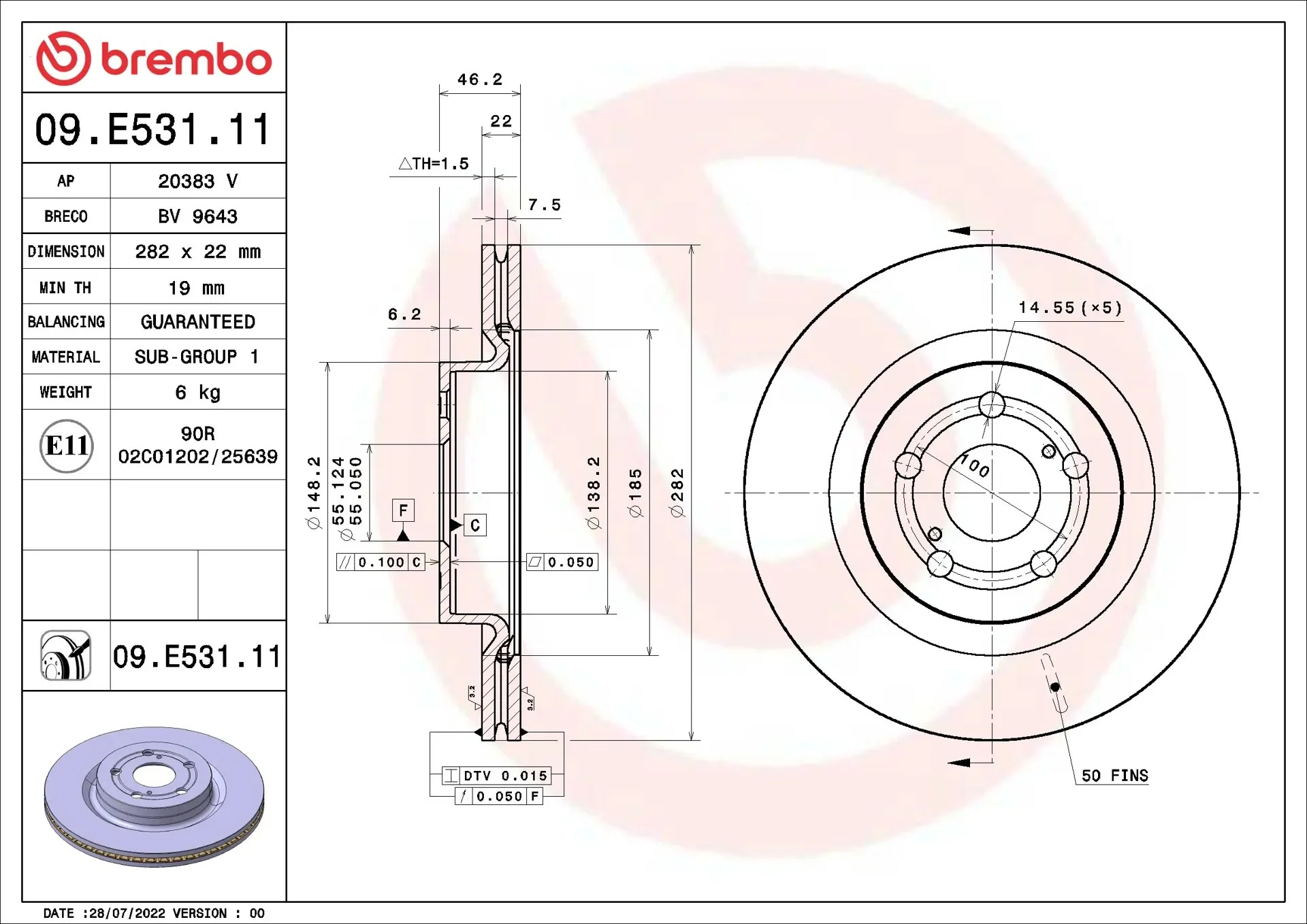 Brembo 09.E531.11 282 mm vented front brake disc, dimension drawing