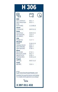 Bosch Rear wiper blade H 306 pack label with vehicle list