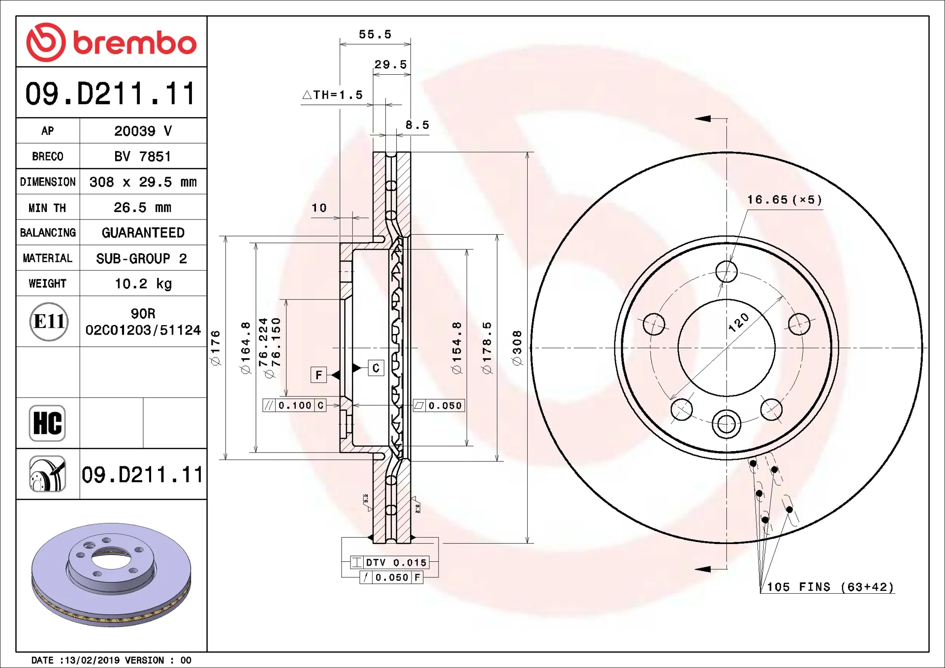 Brembo 09.D211.11 308 mm vented front brake disc, dimension drawing