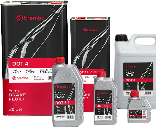 Brembo Prime DOT 4 LV brake fluid bottles and cans