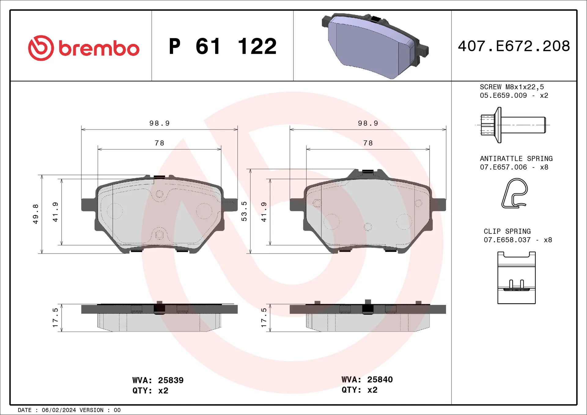 Brembo P 61 122 rear brake pad set, dimension drawing