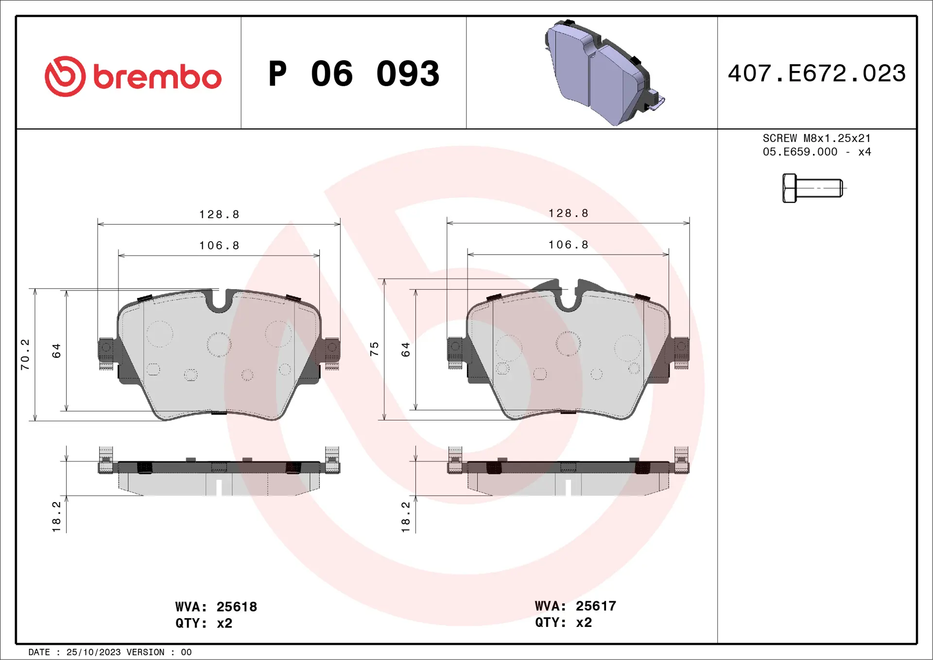 Brembo P 06 093 front brake pad set, dimension drawing