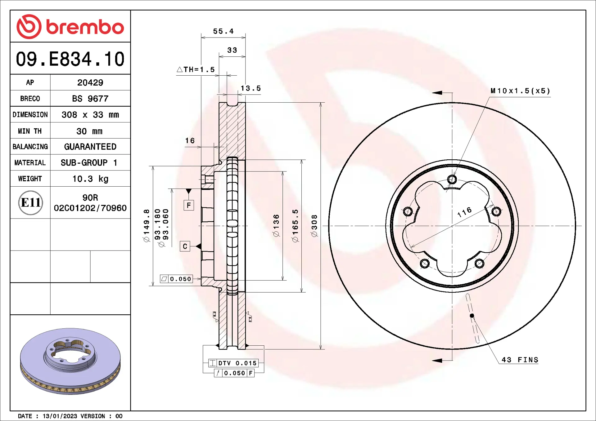 Brembo 09.E834.10 308 mm vented front brake disc, dimension drawing