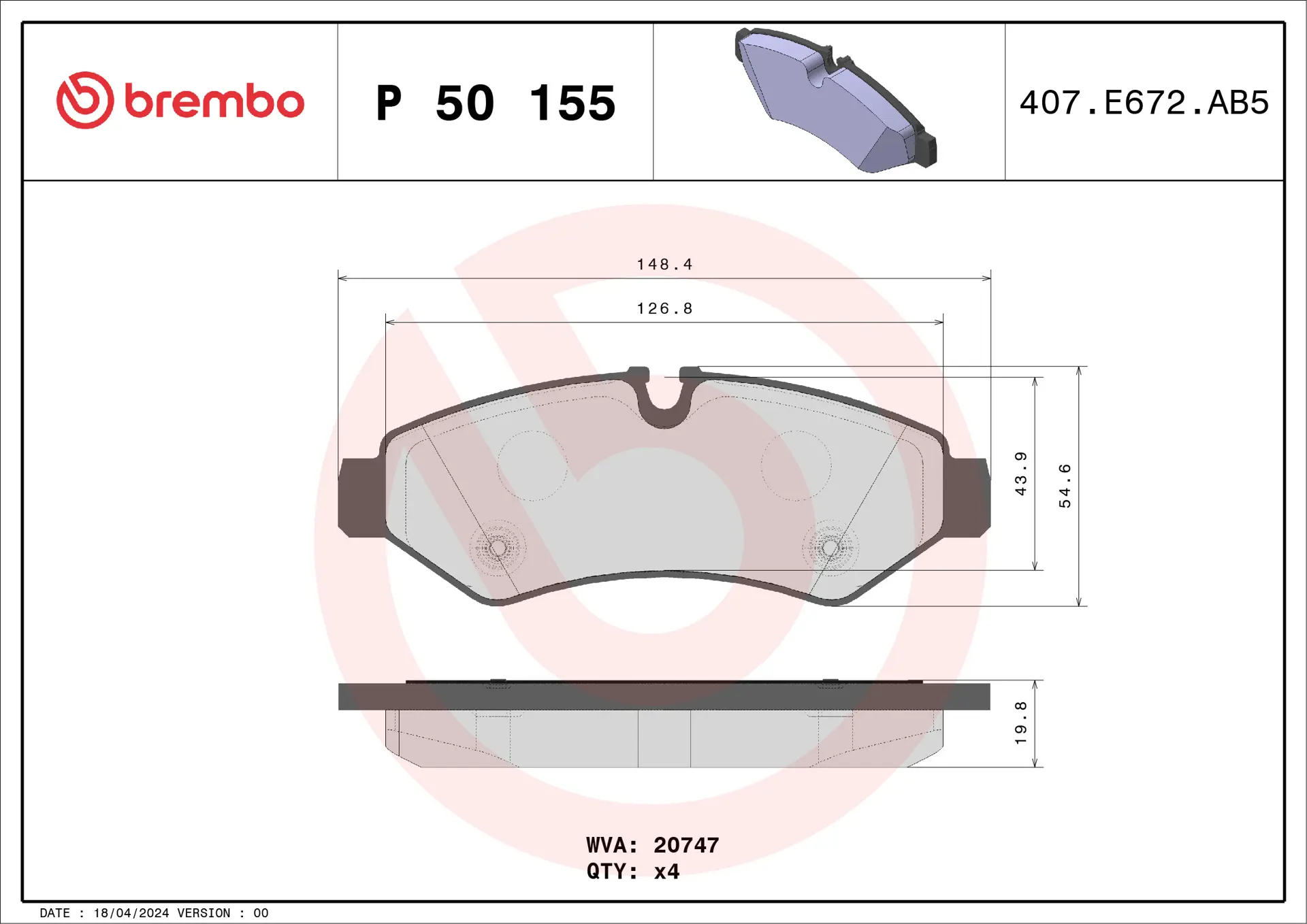 Brembo P 50 155 rear brake pad set, dimension drawing