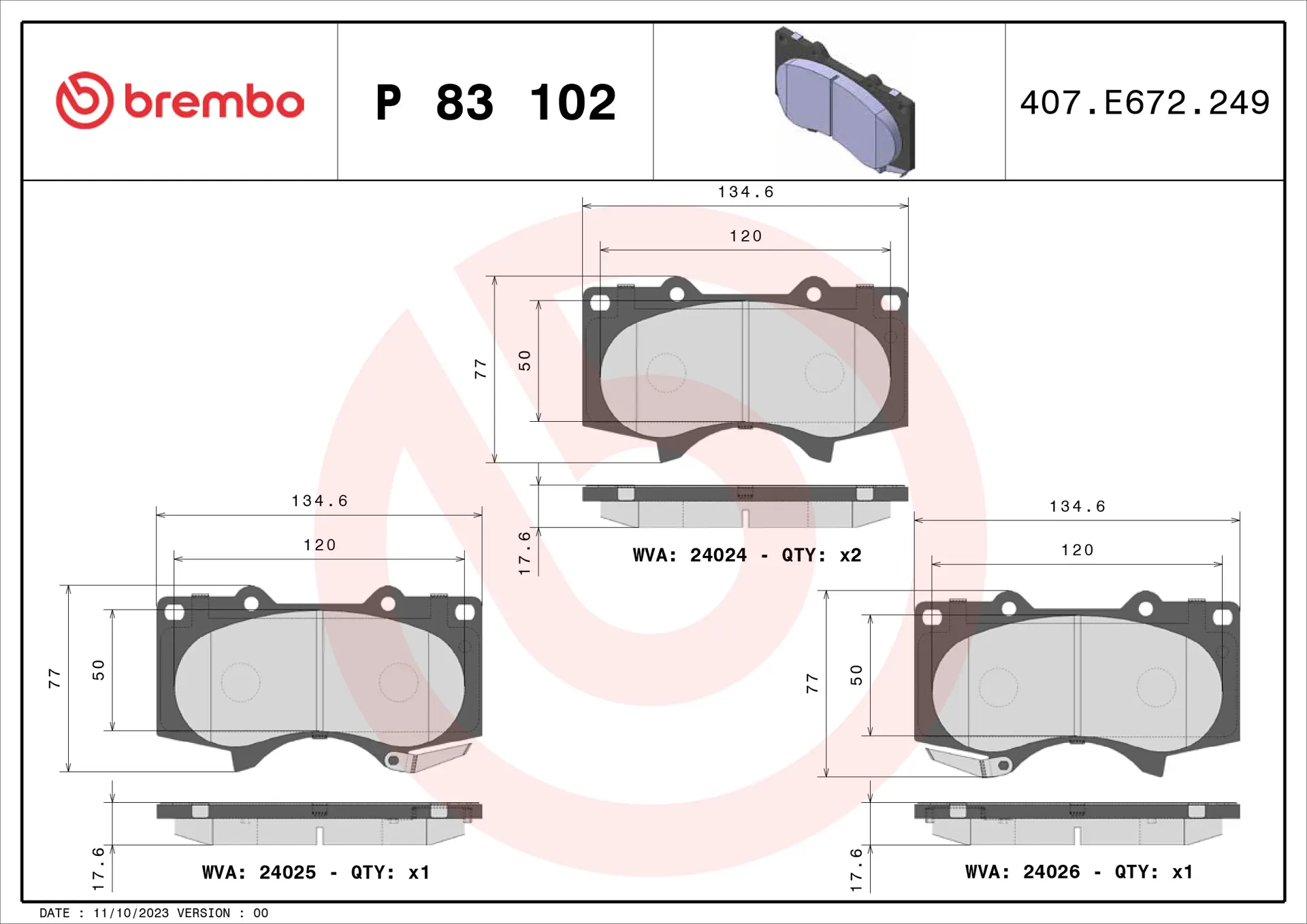 Brembo P 83 102 front brake pad set, dimension drawing