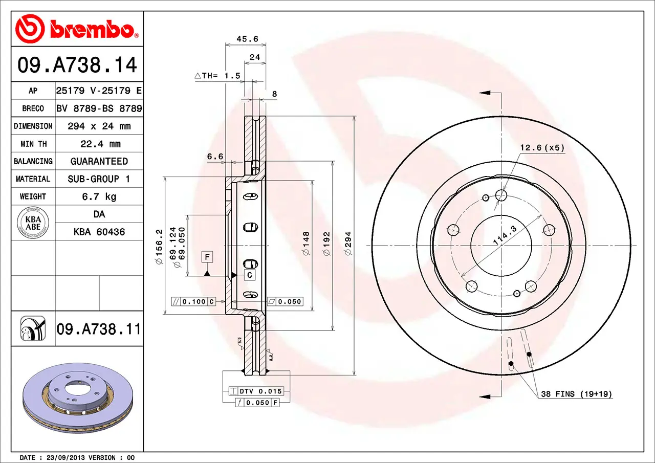 Brembo 09.A738.11 294 mm vented front brake disc, dimension drawing