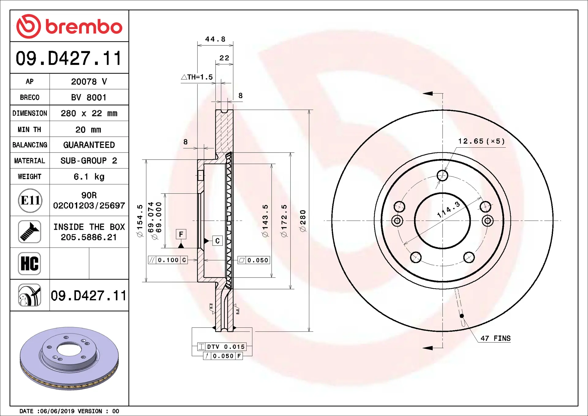 Brembo 09.D427.11 280 mm vented front brake disc, dimension drawing