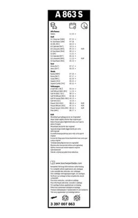 Bosch Aerotwin wiper blade set A 863 S pack label with vehicle list