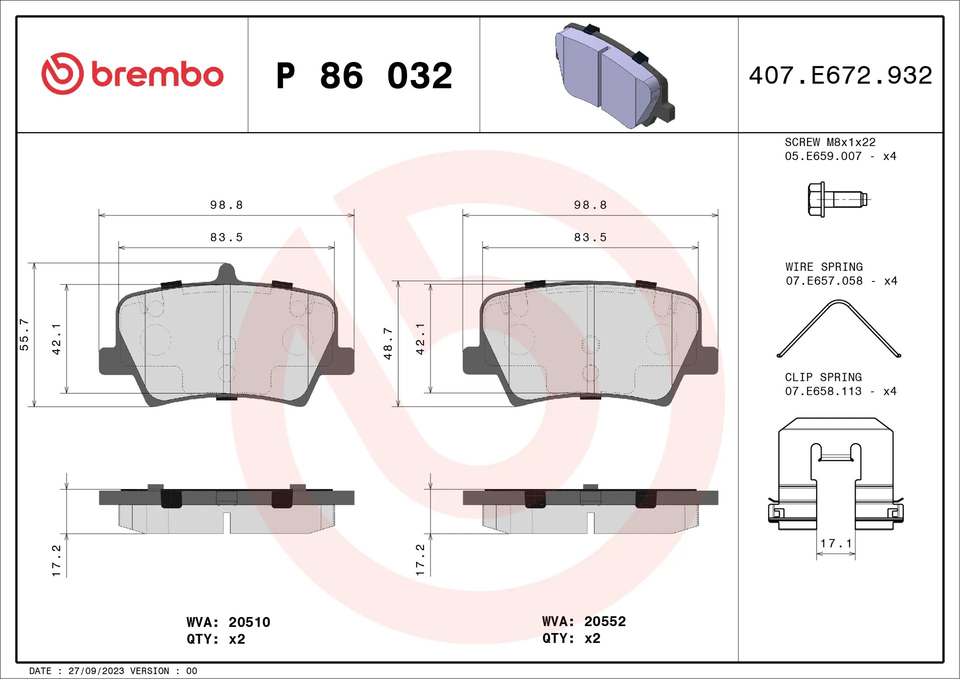 Brembo P 86 032 rear brake pad set, dimension drawing