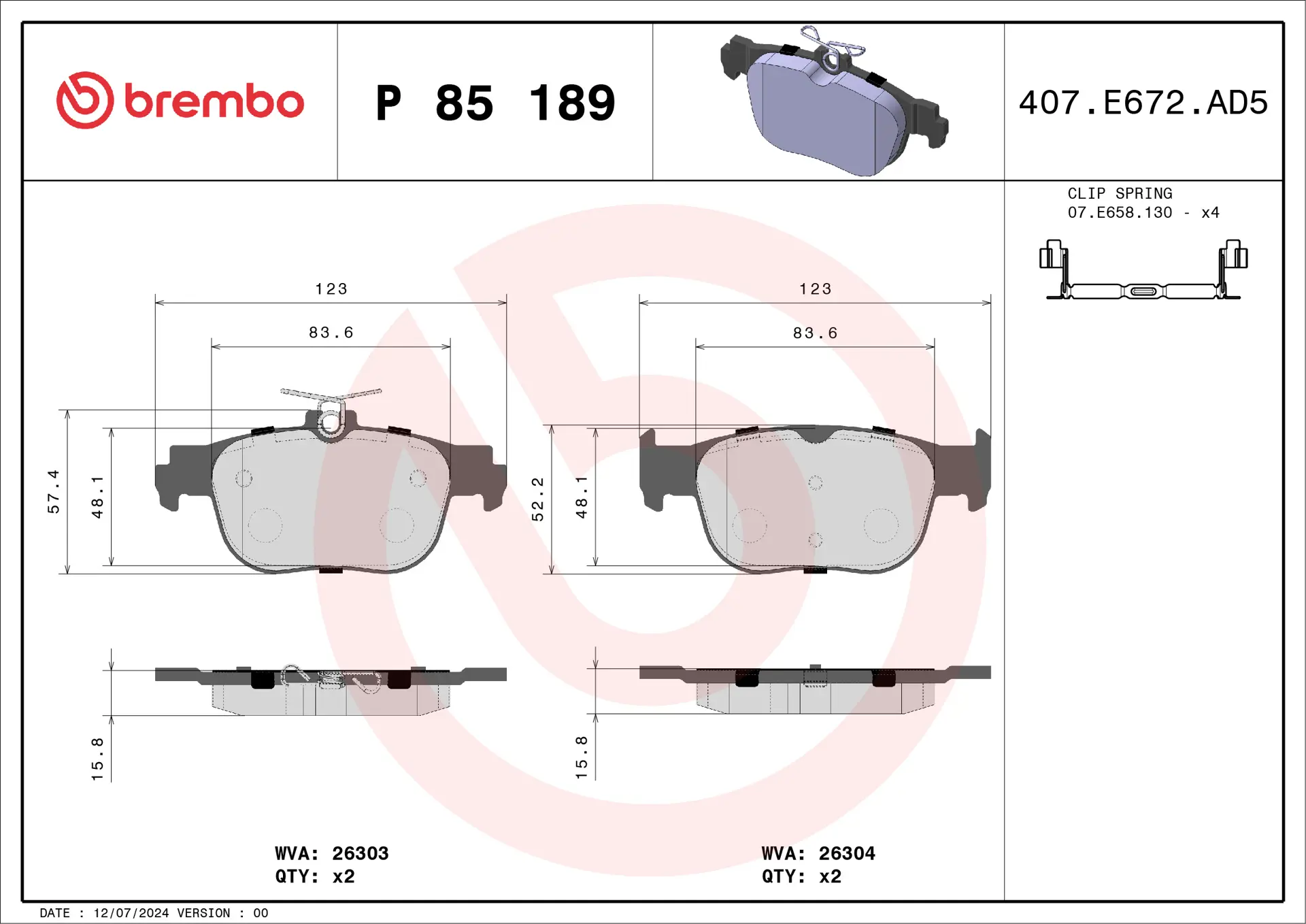 Brembo P 85 189 rear brake pad set, dimension drawing