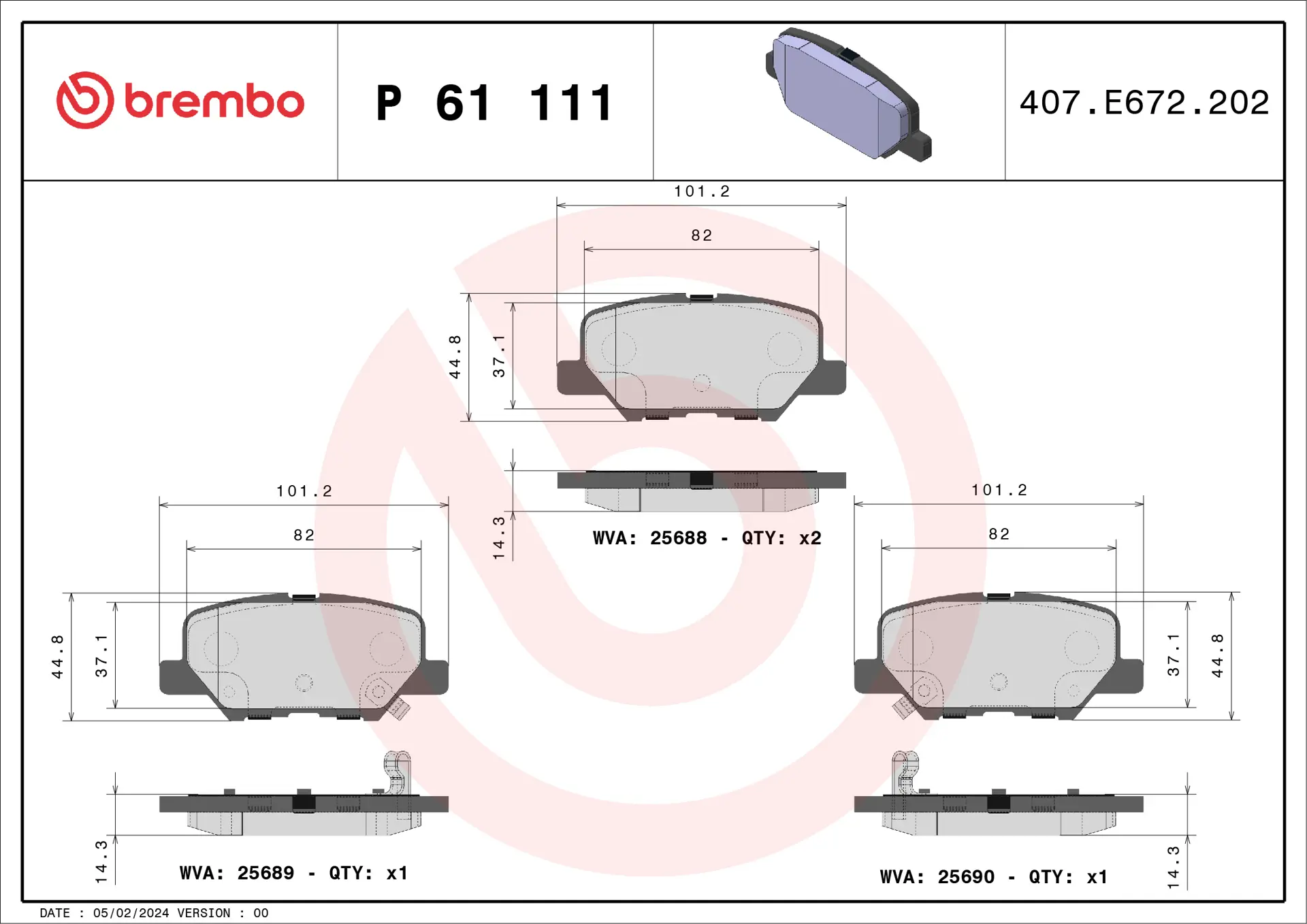 Brembo P 61 111 rear brake pad set, dimension drawing