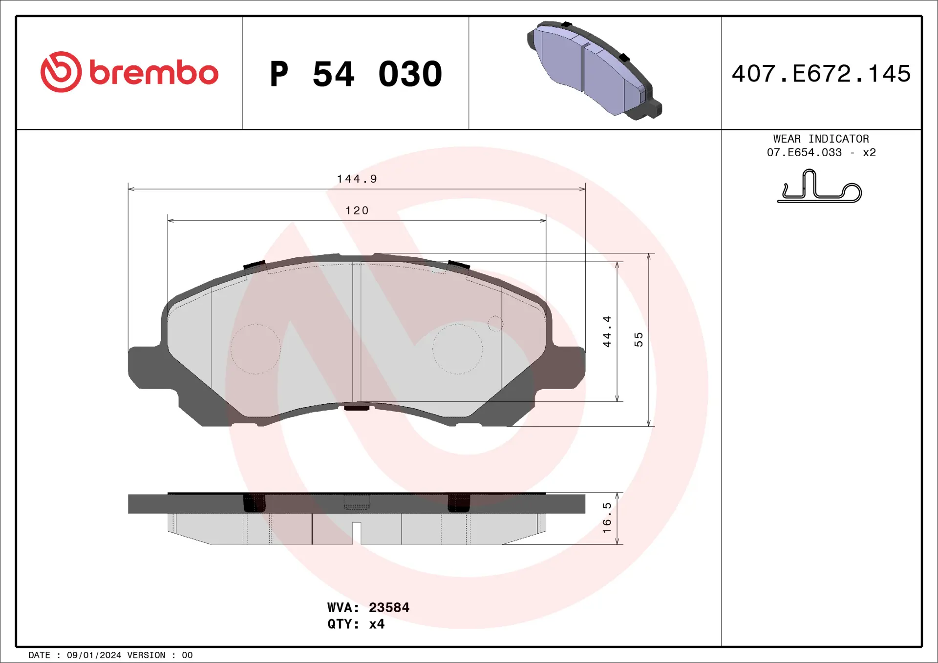Brembo P 54 030 front brake pad set, dimension drawing