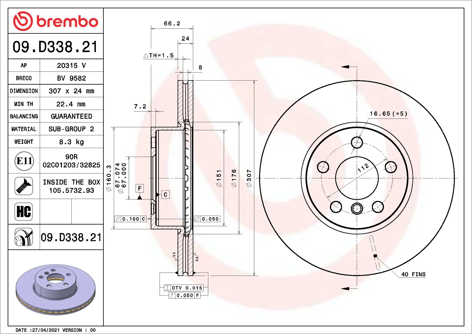 Brembo 09.D338.21 307 mm vented front brake disc, dimension drawing