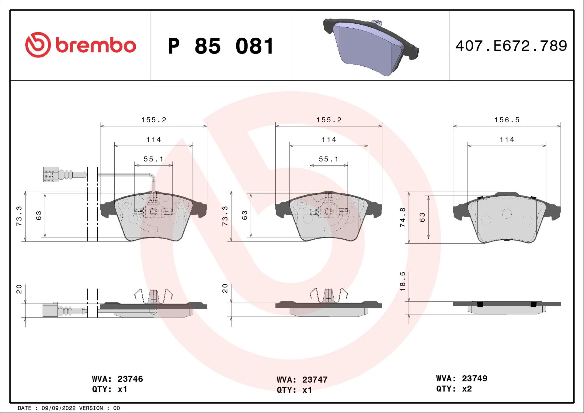 Brembo P 85 081 front brake pad set, dimension drawing