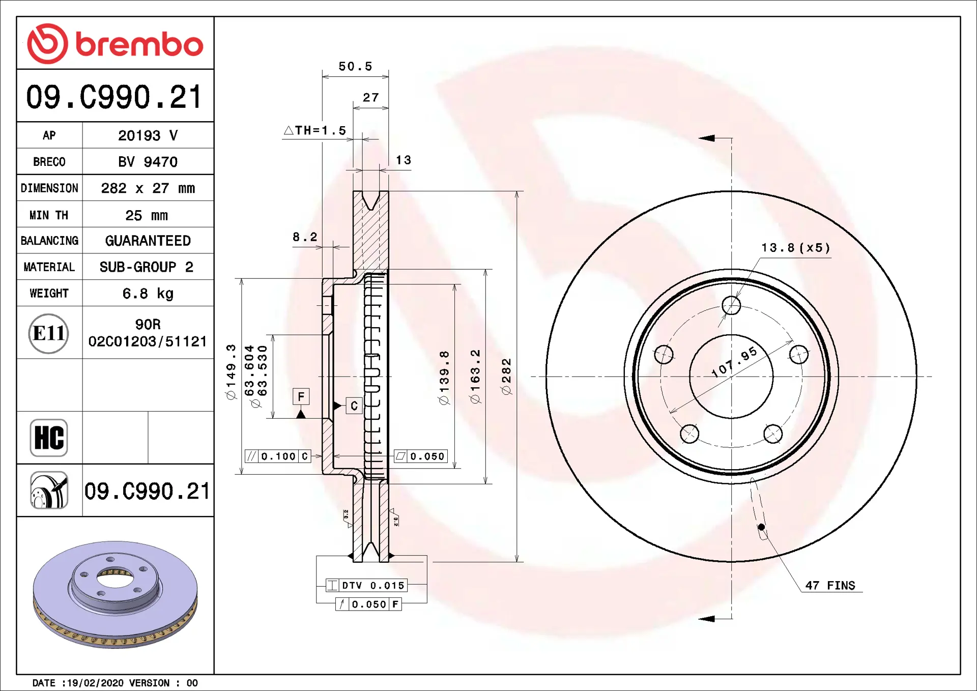Brembo 09.C990.21 282 mm vented front brake disc, dimension drawing