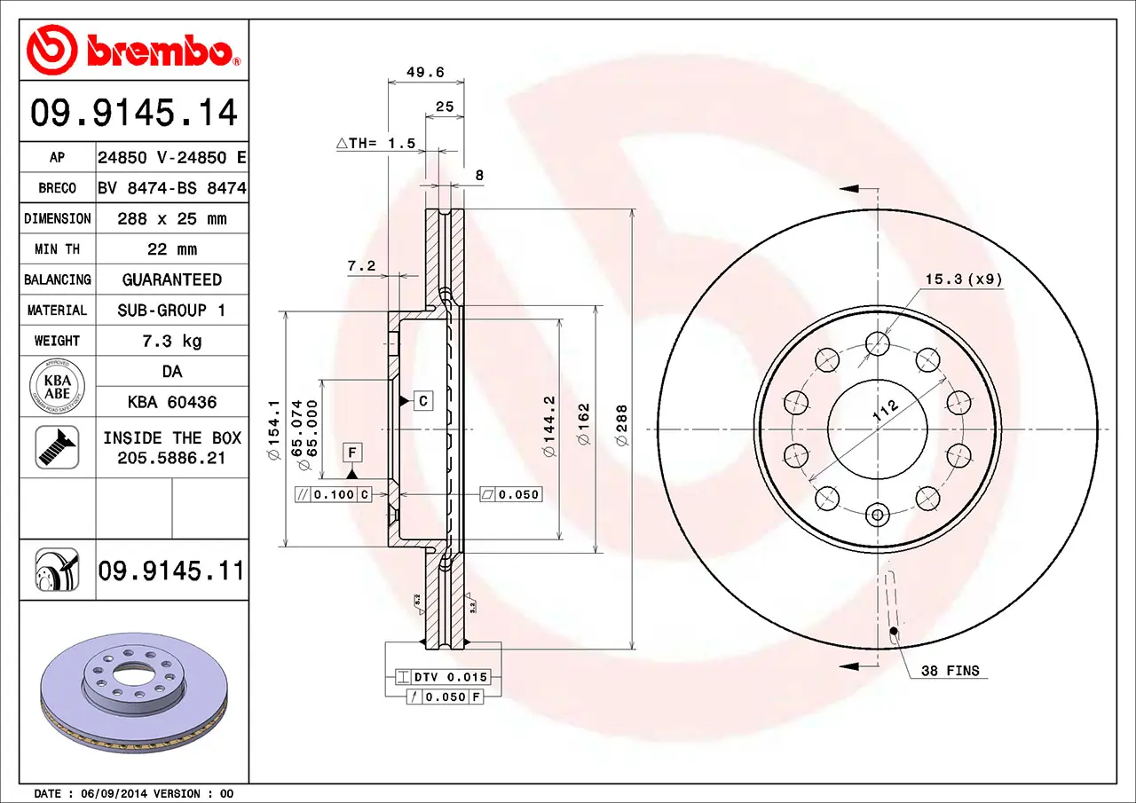 Brembo 09.9145.11 288 mm vented front brake disc, dimension drawing