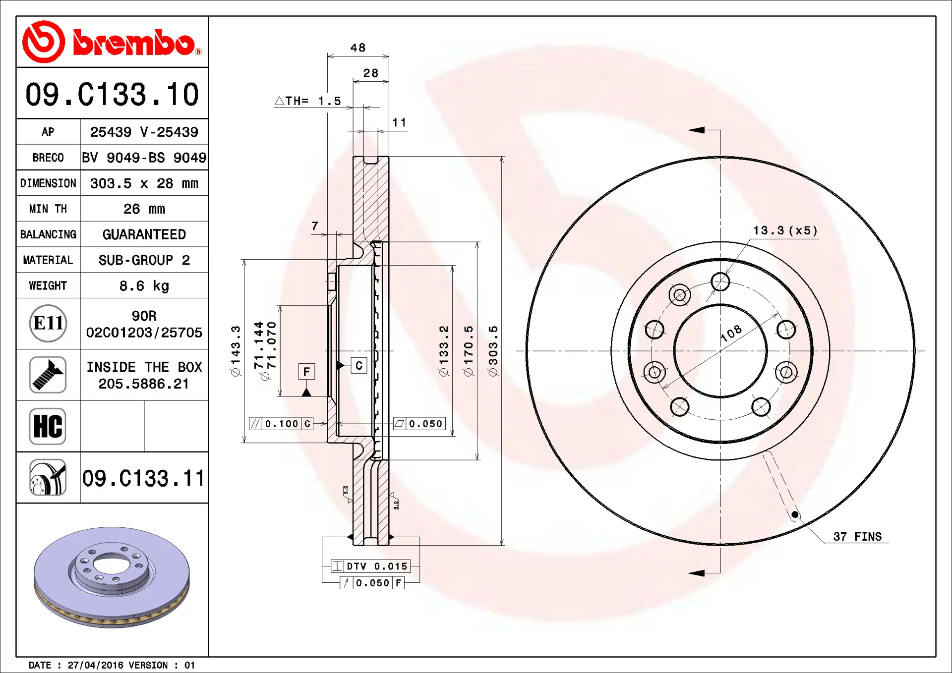 Brembo 09.C133.11 304 mm vented front brake disc, dimension drawing