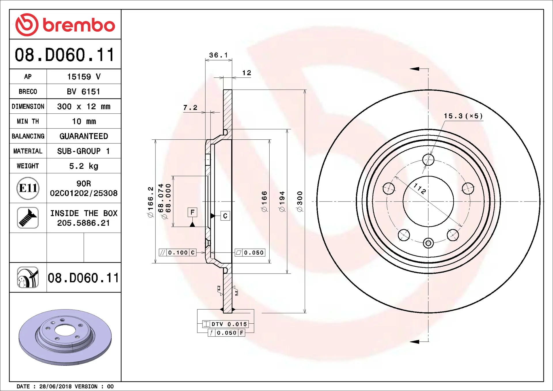 Brembo 08.D060.11 300 mm solid rear brake disc, dimension drawing