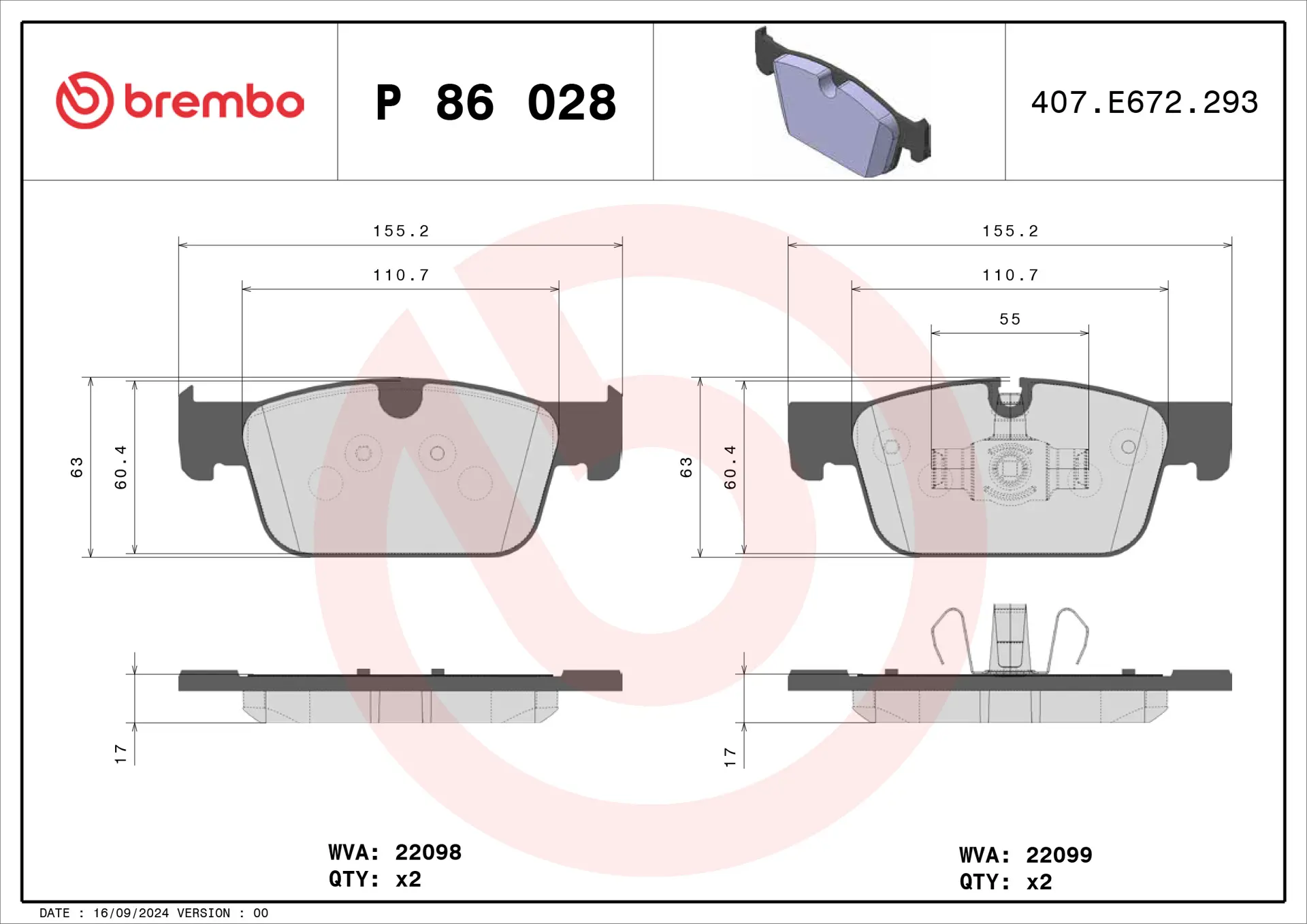 Brembo P 86 028 front brake pad set, dimension drawing