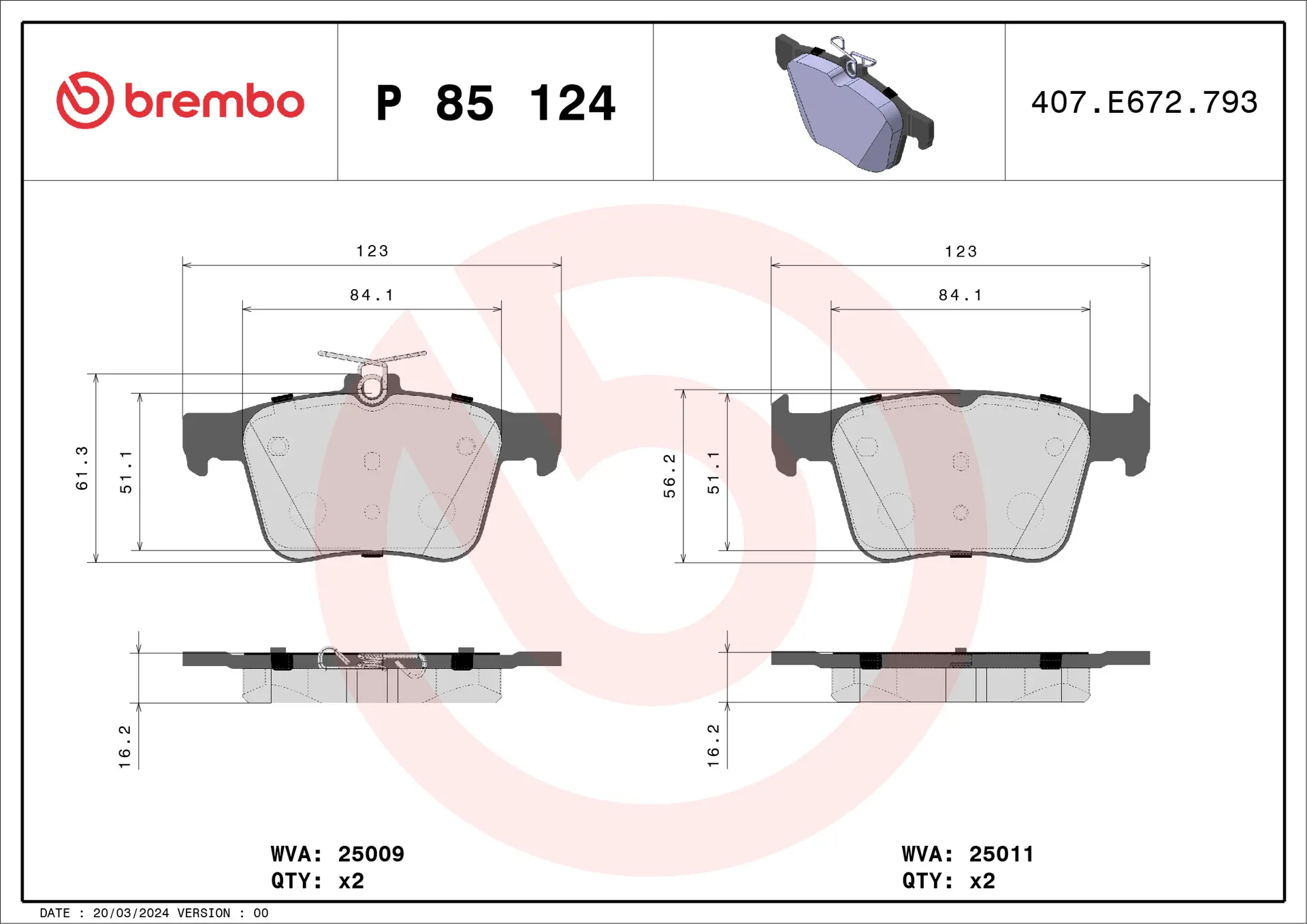 Brembo P 85 124 rear brake pad set, dimension drawing
