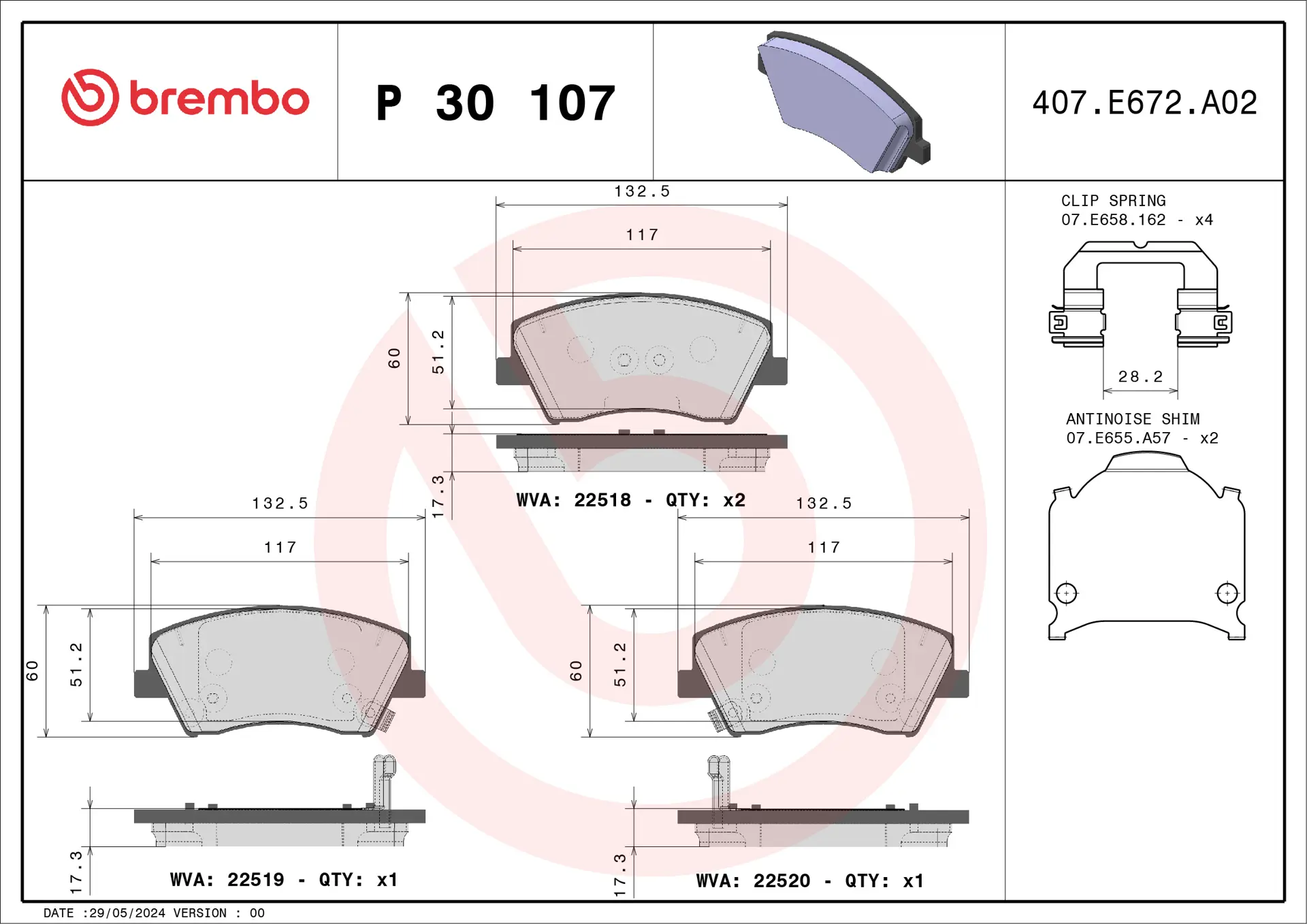 Brembo P 30 107 front brake pad set, dimension drawing