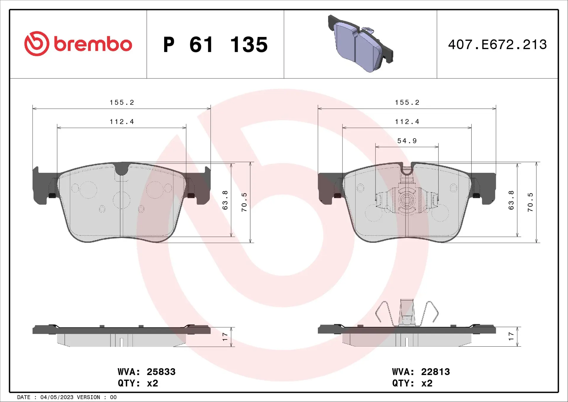 Brembo P 61 135 front brake pad set, dimension drawing