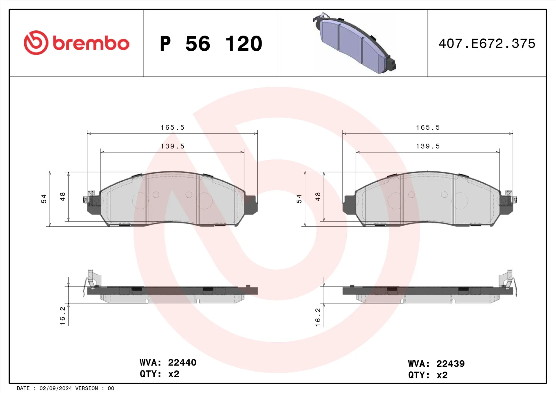 Brembo P 56 120 front brake pad set, dimension drawing