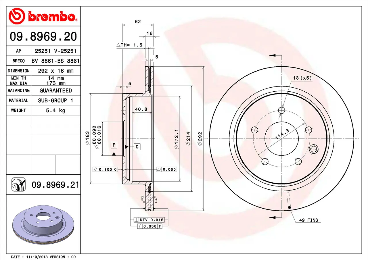 Brembo 09.8969.21 292 mm vented rear brake disc, dimension drawing