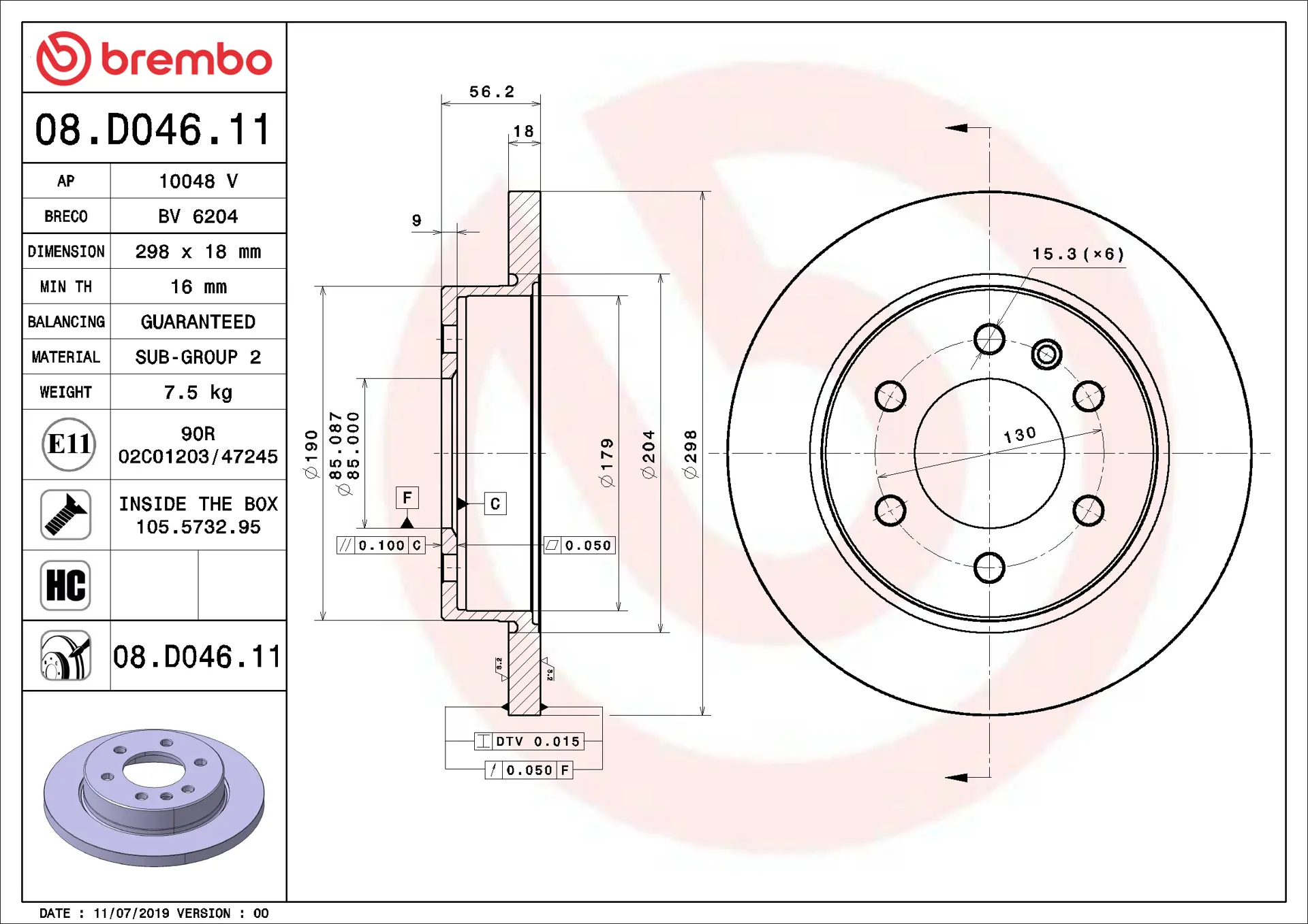 Brembo 08.D046.11 298 mm solid rear brake disc, dimension drawing