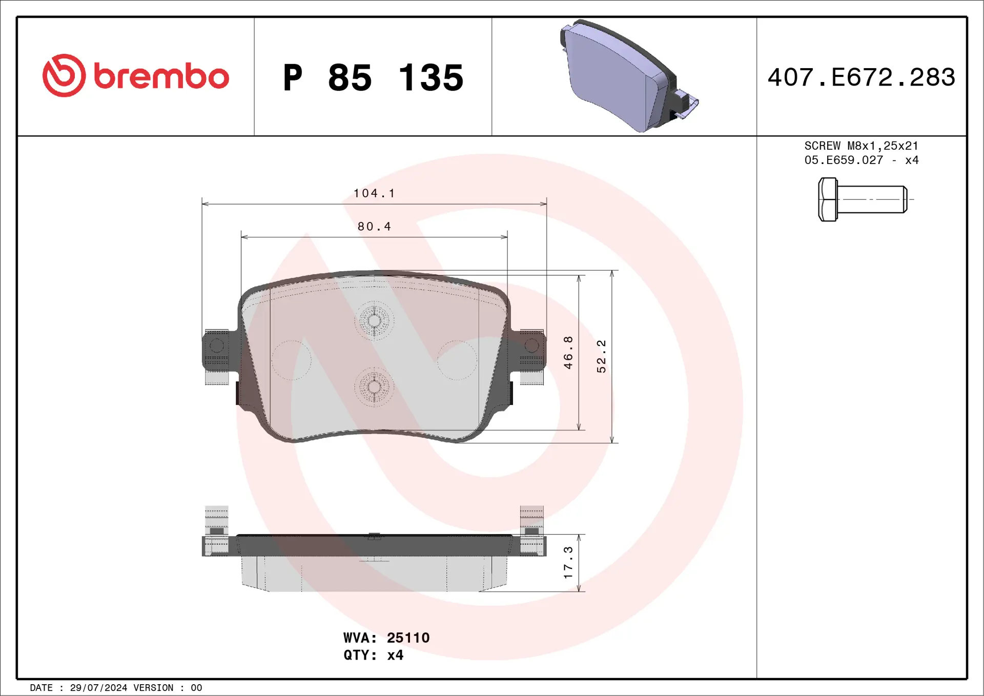 Brembo P 85 135 rear brake pad set, dimension drawing