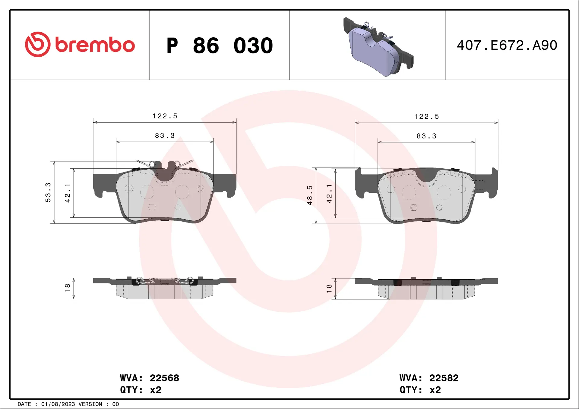 Brembo P 86 030 rear brake pad set, dimension drawing