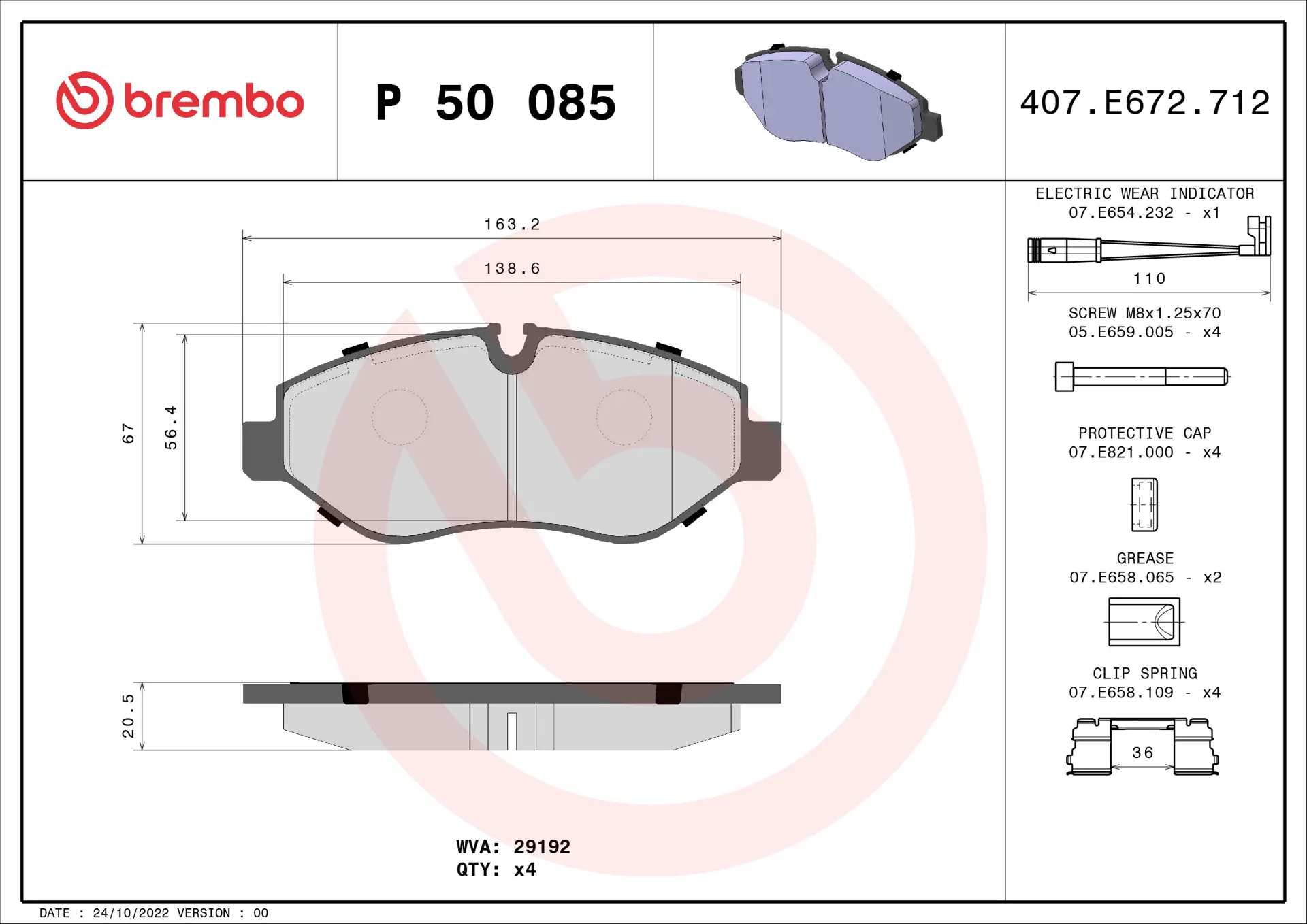Brembo P 50 085 front brake pad set, dimension drawing