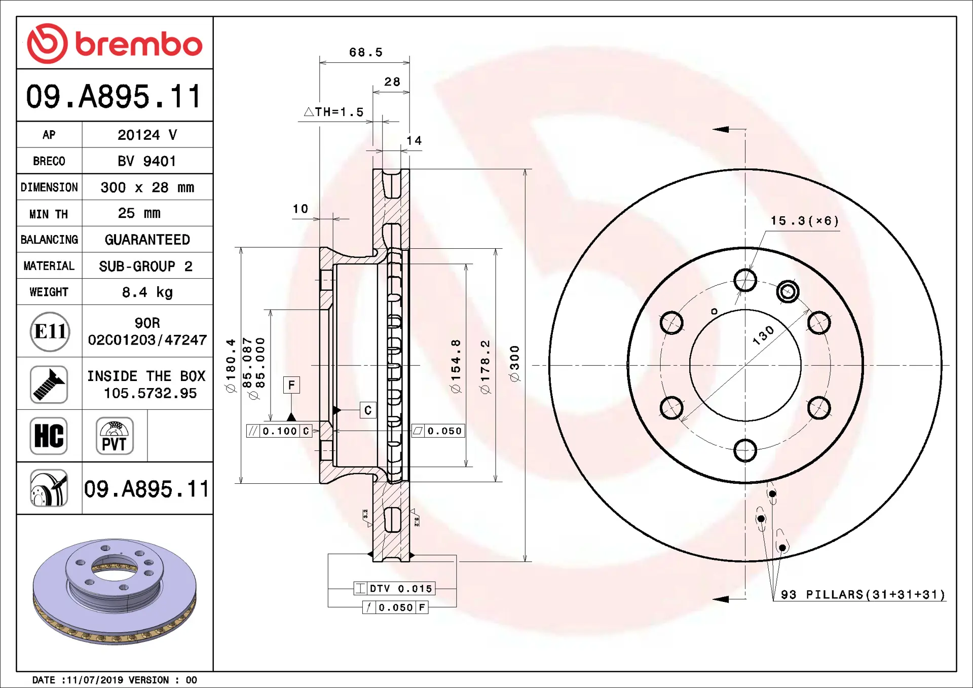 Brembo 09.A895.11 300 mm vented front brake disc, dimension drawing