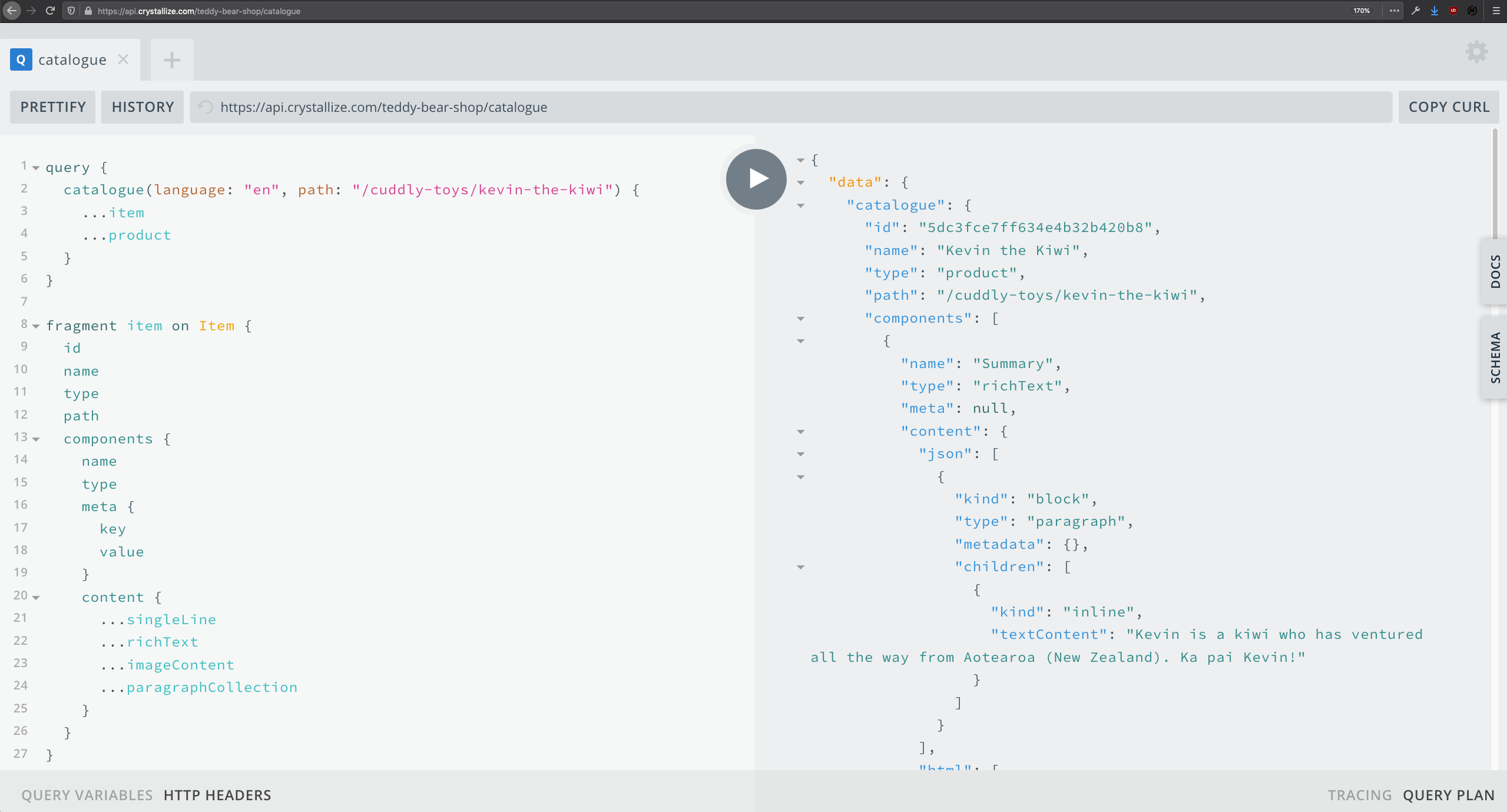 GraphQL playground query example Crystallize catalogue API