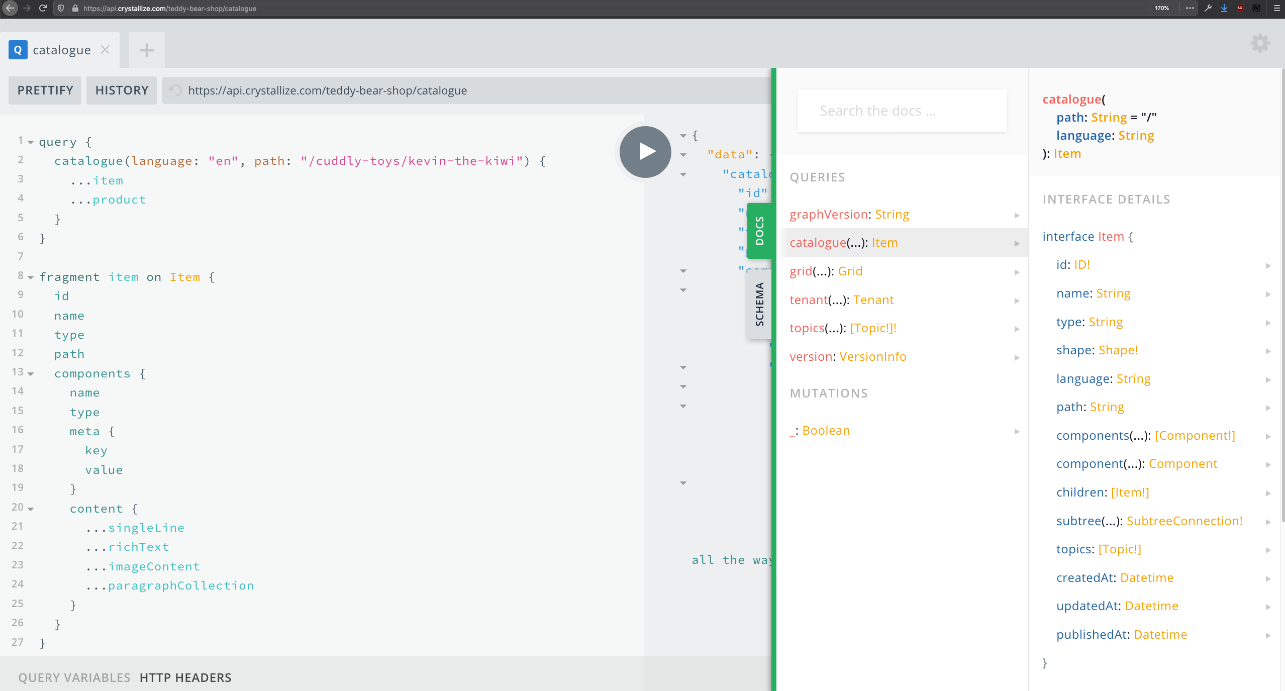 GraphQL playground catalogue API docs