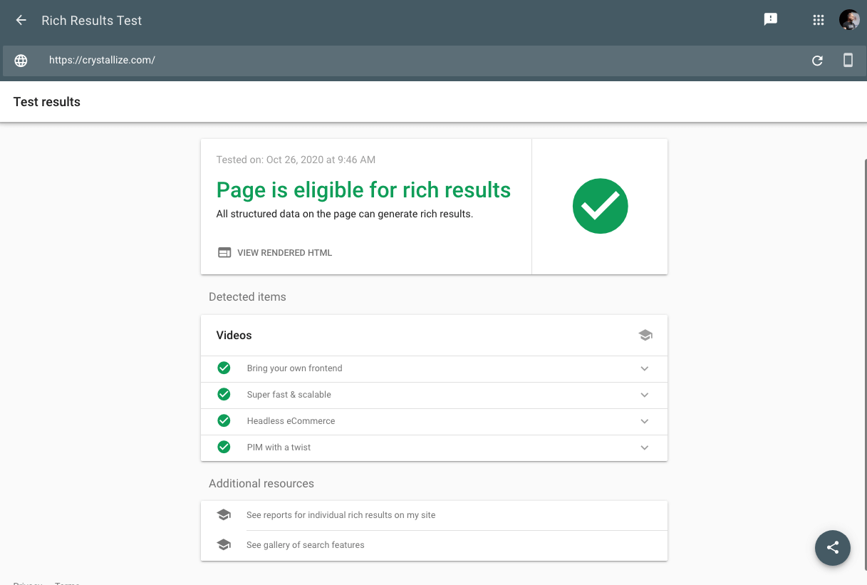 Rich results testing tool for verifying structured data