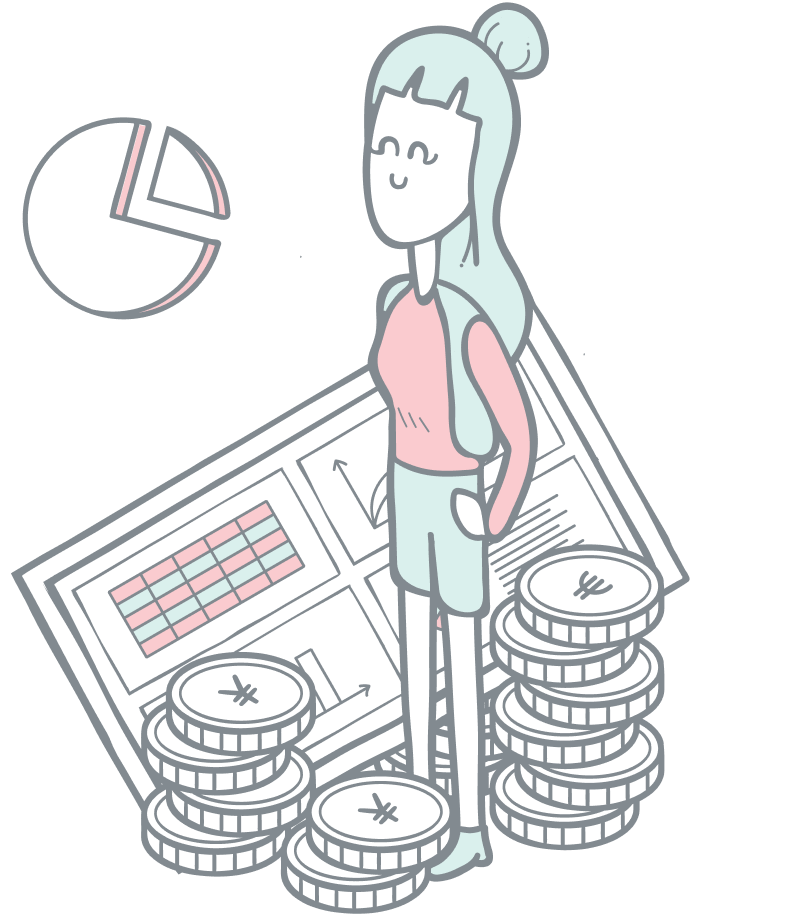 Sales reporting illustration. Illustration of a girl standing in oversized coins and a screen with statistics