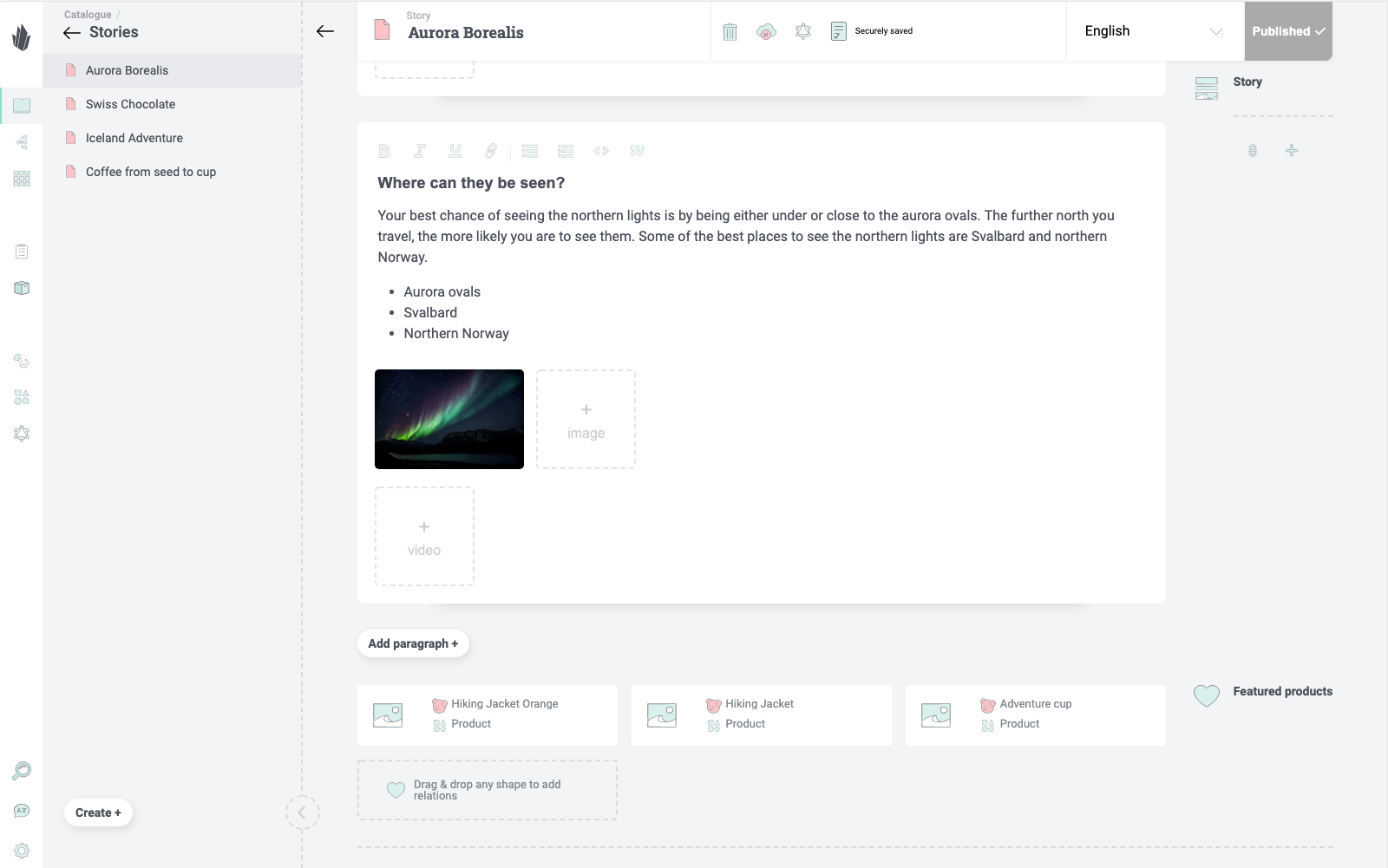 Semantic relation linking long form story with featured products.