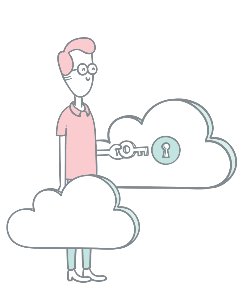 Digital products illustration. A guy with a key unlocking a cloud