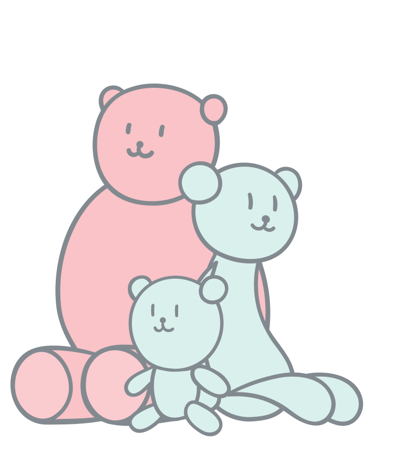 Product variants illustration. Pluff toy teddybears in different sizes and colors