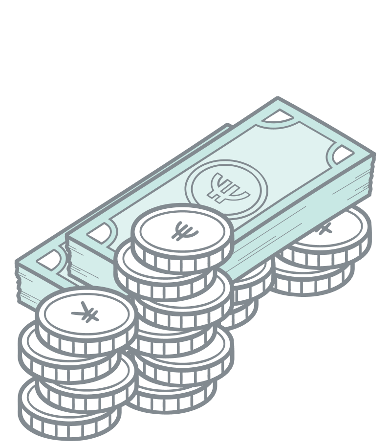 Price variants illustration.Close up of coins and paper currency i bulk laying around.