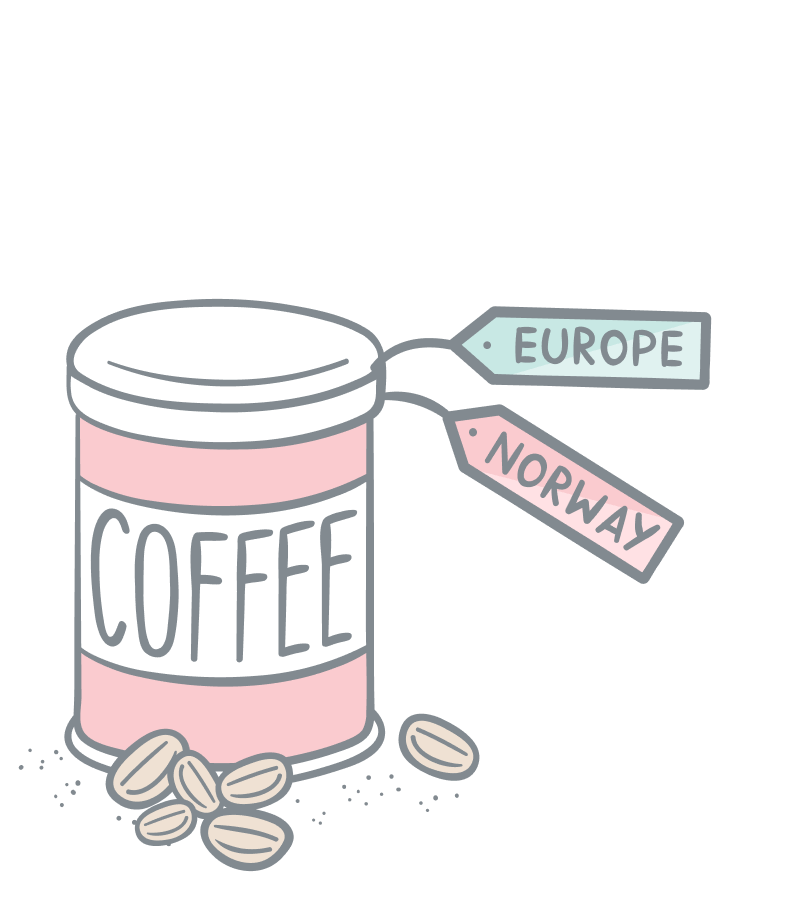 Rich taxonomies illustration. A tin can with coffe with two labels attached. One green label with the text Europe and a red label with the text Norway.